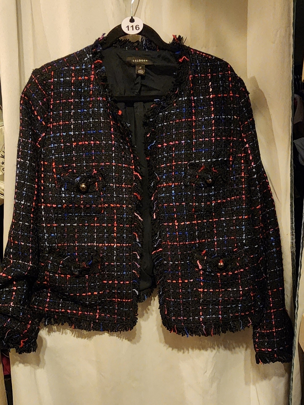 Halogen Black Tweed Fringed Blazer with Multicolor Thread